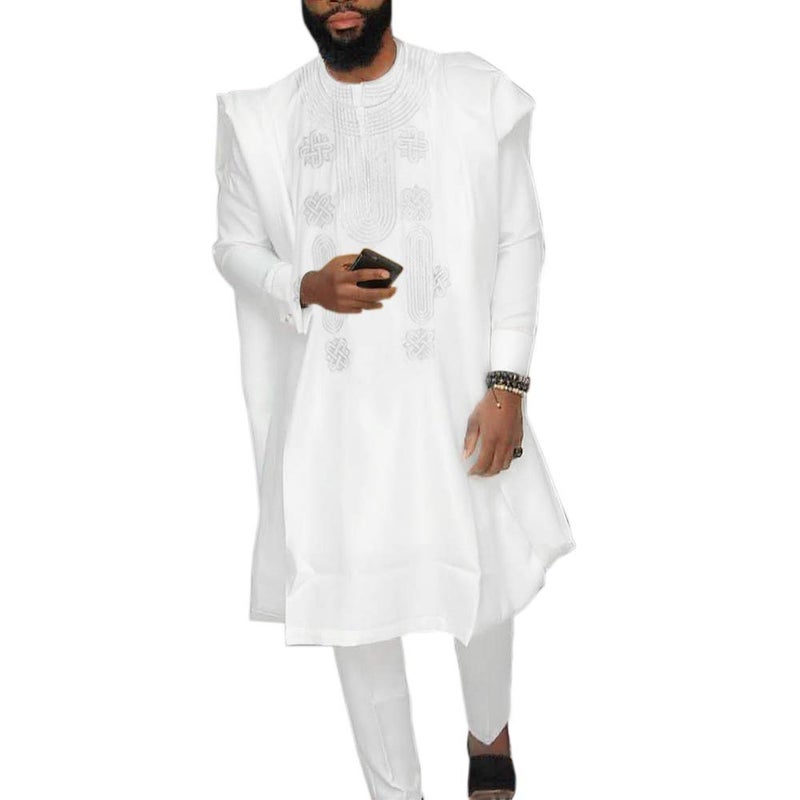 HD African Apparel Agbada Clothing Embroidery Dashiki Shirts and Pants African Men Outfits 3 Pieces, White 3XL - Image 1